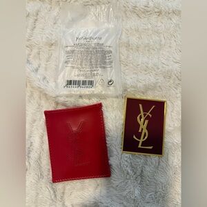 Yves Saint Laurent Dark Red Enamel & Gold Color Accents Mirror w/YSL Case New
